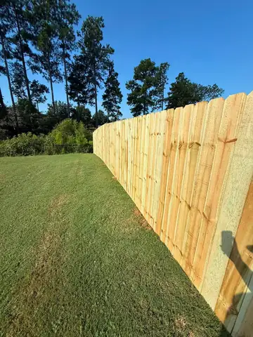 Pressure-treated wood privacy fence running downhill beside pine trees