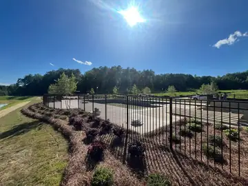 Black aluminum fence and gates around a landscaped pool deck