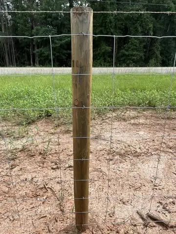 Woven wire fence and wooden post on a farm