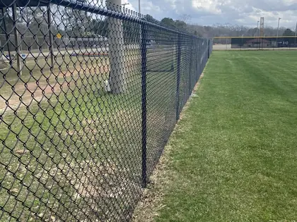 Black vinyl-coated chain link fence running along the edge of a mown field