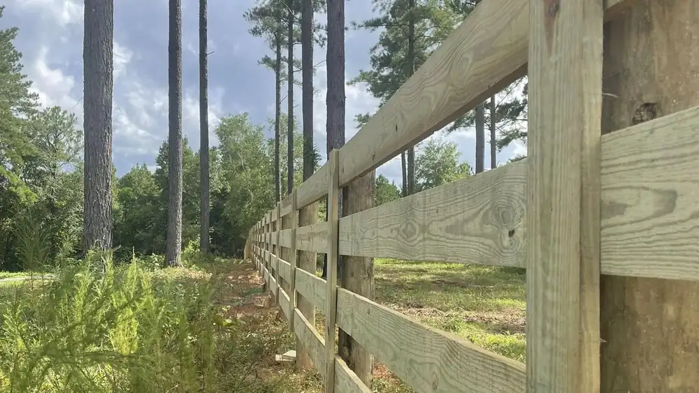Wooden post and rail fence running through Alabama pine woods